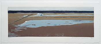 Anastasiya Nesterova, Wellenbrecher im Wattenmeer, 2021, Farbholzschnitt auf Büttenpapier, Papier 27 x 67 cm ©VG-Bild-Kunst-Bonn2022