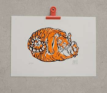 Tiger, Linoldruck von Birgit Schiffer