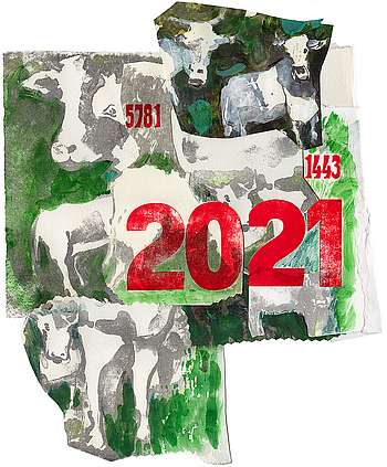 Debora S. Phillips: 2020 - Jahr des Rindviehs, 600 x 400 mm, Collage aus Lithografie mit 1 Farbe, handcoloriert und Hochdruck 2020