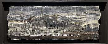 Friederike Thomaschki, „rolling landscape“, 2024 Collage: Monotypie/Bienenwachs/gerahmt I-Nr: 169, Größe: 78 x 33 cm